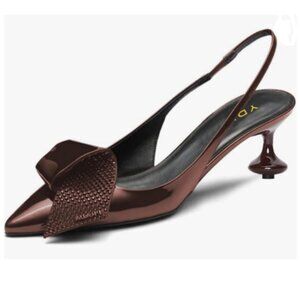 YDN Brown Studded Pumps Pointed Toe Slingback Chunky Heels Slip On Shoes Party